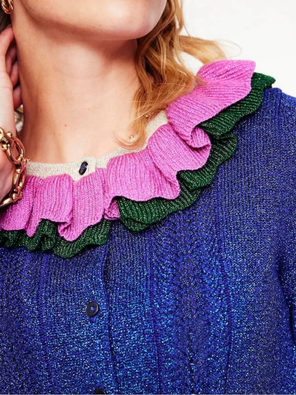 Boden / Ruffled Collar Blue Cardigan with Pink Accent - Picture 7 of 9